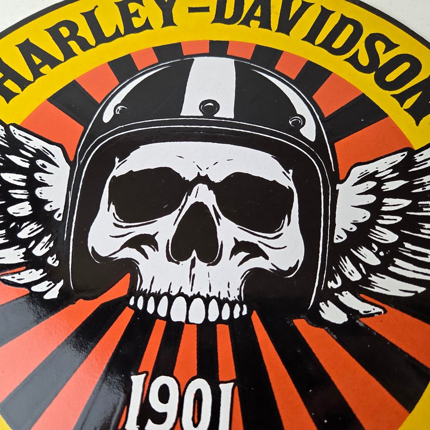 Vintage Harley-Davidson Legendary Porcelain Sign - Skull Wings Helmet Sign - Image 2