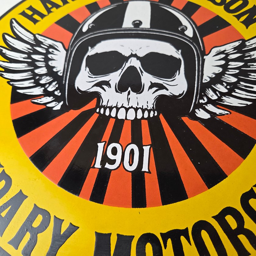 Vintage Harley-Davidson Legendary Porcelain Sign - Skull Wings Helmet Sign - Image 3