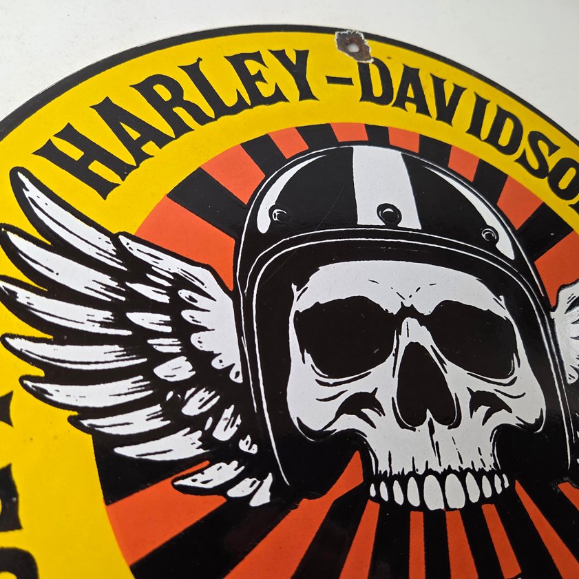 Vintage Harley-Davidson Legendary Porcelain Sign - Skull Wings Helmet Sign - Image 4