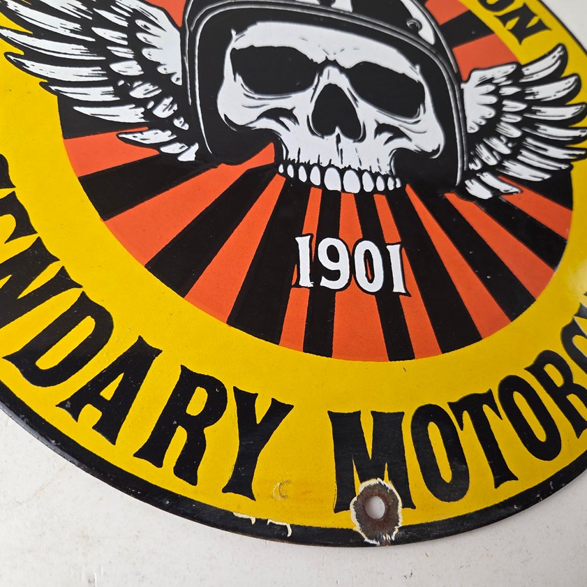 Vintage Harley-Davidson Legendary Porcelain Sign - Skull Wings Helmet Sign - Image 6