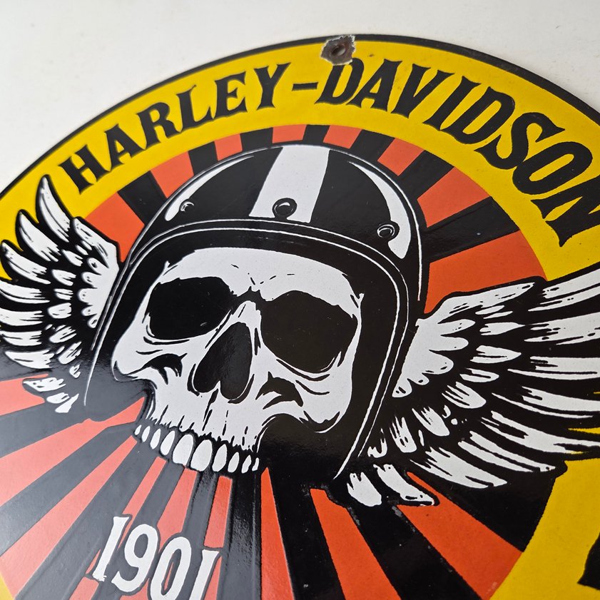 Vintage Harley-Davidson Legendary Porcelain Sign - Skull Wings Helmet Sign - Image 11
