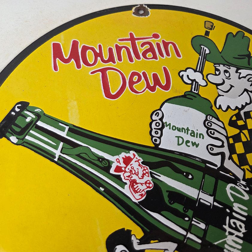 Vintage Mountain Dew Porcelain Sign - Moonshiner Bottle Boy Sign - Image 4