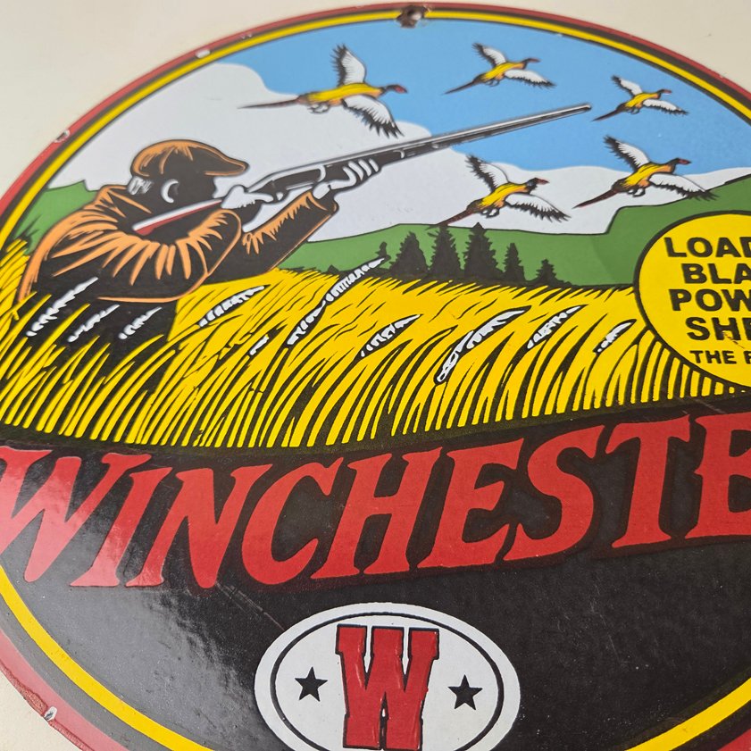 Vintage Winchester Porcelain Sign - Powder Shot Gun Shells Gas Pump Sign - Image 3