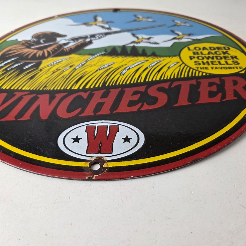 Vintage Winchester Porcelain Sign - Powder Shot Gun Shells Gas Pump Sign - Image 9