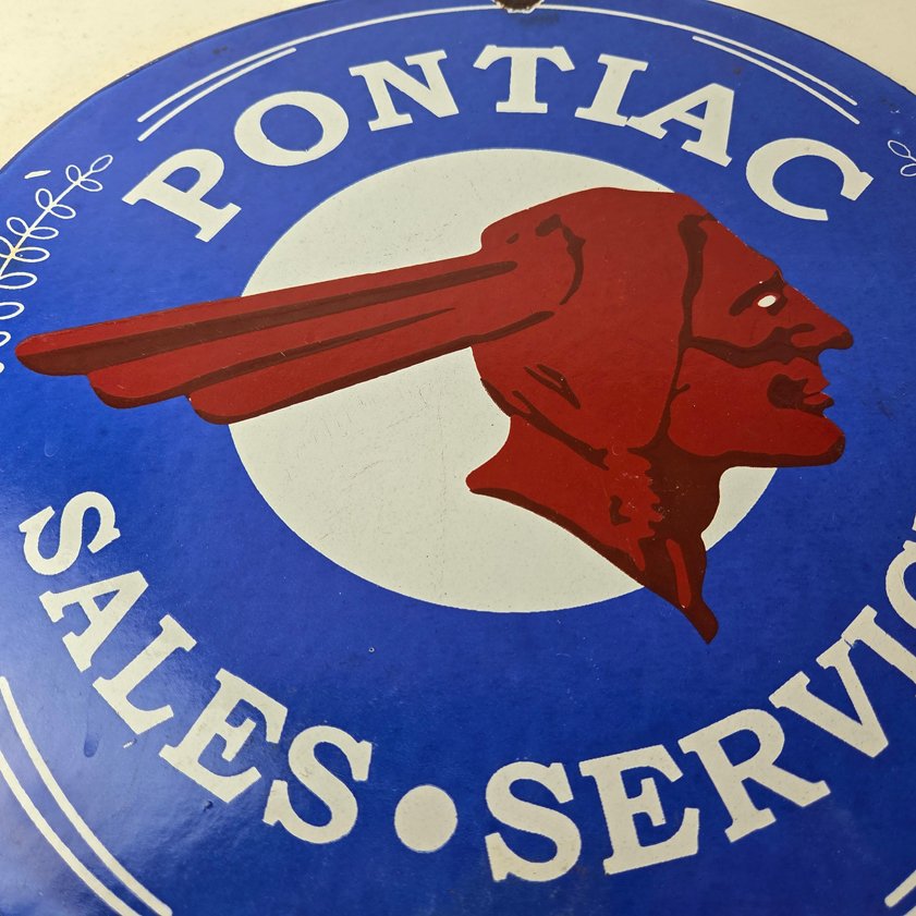 Vintage Pontiac Automobiles Sign - Automobilia Man Cave Porcelain Gas Pump Sign - Image 3