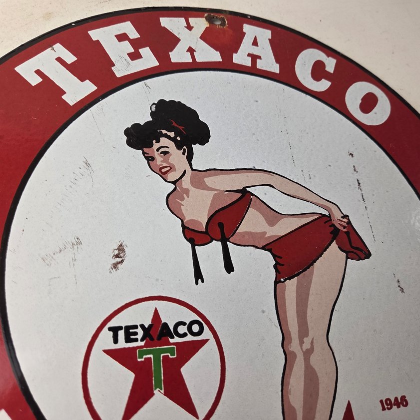 Vintage Texaco Gasoline Sign - Porcelain Motor Oil Bikini Sign - Image 4