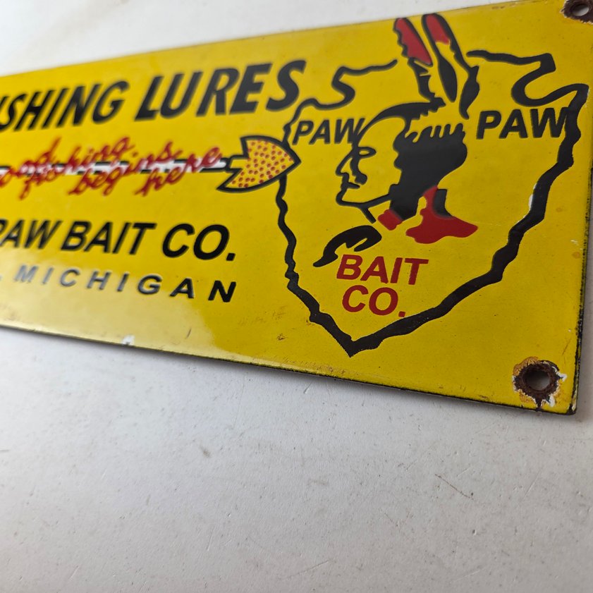 Vintage Fishing Lures Sign - Paw Paw Bait Co Gas Pump Porcelain Sign - Image 11