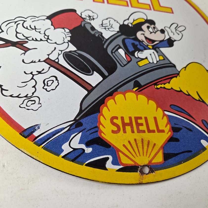 Vintage Shell Gasoline Sign - Mickey Old Steamboat Gas Oil Pump Porcelain Sign - Image 5