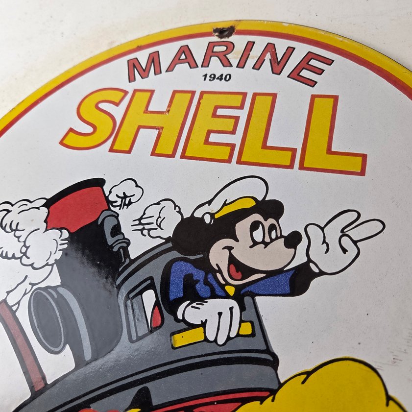 Vintage Shell Gasoline Sign - Mickey Old Steamboat Gas Oil Pump Porcelain Sign - Image 6