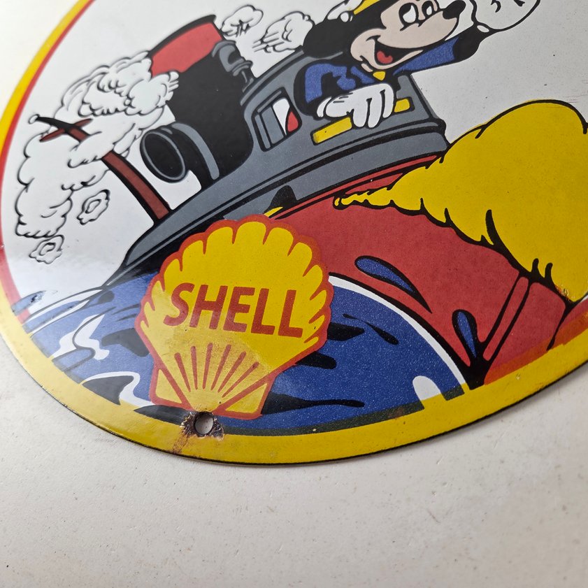 Vintage Shell Gasoline Sign - Mickey Old Steamboat Gas Oil Pump Porcelain Sign - Image 11