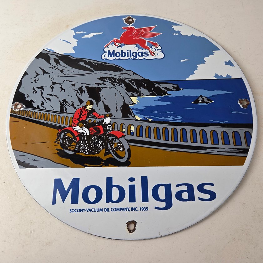Vintage Mobil Gasoline Sign - Motorcycle Gas Pump Plate Porcelain Sign - Image 14
