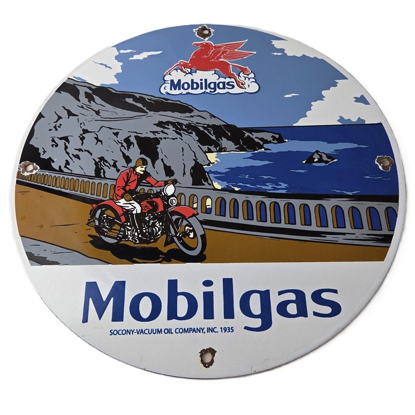 Vintage Mobil Gasoline Sign - Motorcycle Gas Pump Plate Porcelain Sign