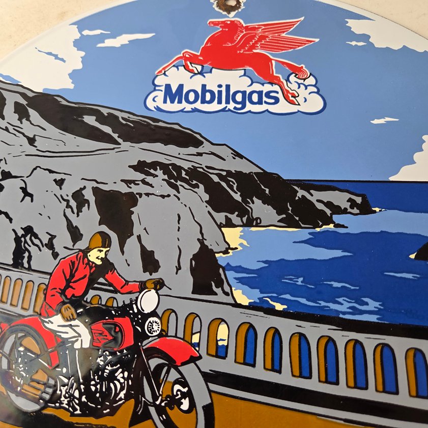 Vintage Mobil Gasoline Sign - Motorcycle Gas Pump Plate Porcelain Sign - Image 2