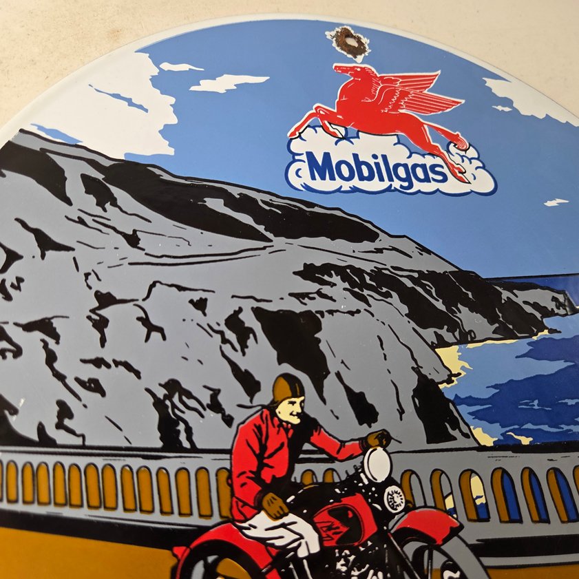 Vintage Mobil Gasoline Sign - Motorcycle Gas Pump Plate Porcelain Sign - Image 4