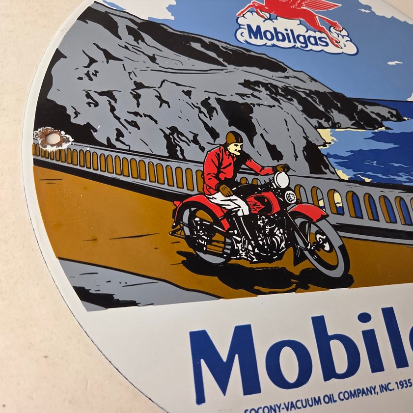 Vintage Mobil Gasoline Sign - Motorcycle Gas Pump Plate Porcelain Sign - Image 9