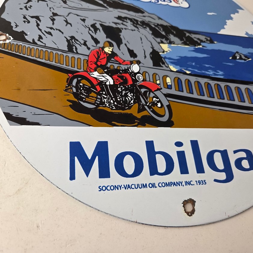 Vintage Mobil Gasoline Sign - Motorcycle Gas Pump Plate Porcelain Sign - Image 10