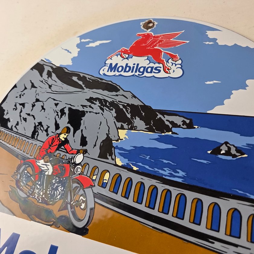 Vintage Mobil Gasoline Sign - Motorcycle Gas Pump Plate Porcelain Sign - Image 11