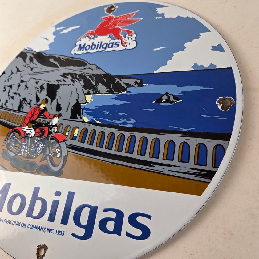 Vintage Mobil Gasoline Sign - Motorcycle Gas Pump Plate Porcelain Sign - Image 12
