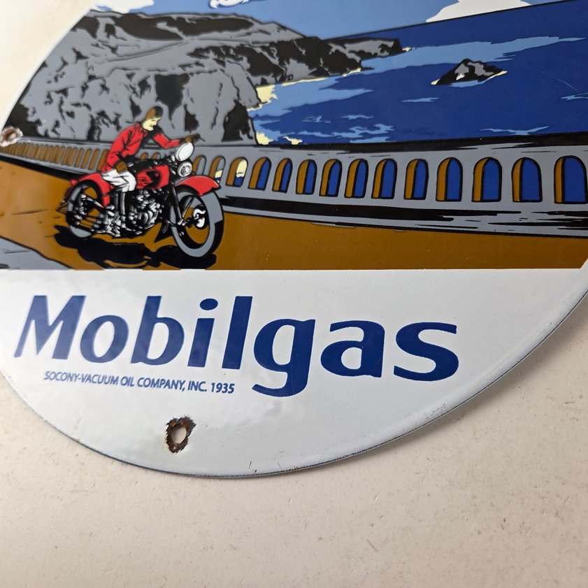 Vintage Mobil Gasoline Sign - Motorcycle Gas Pump Plate Porcelain Sign - Image 13