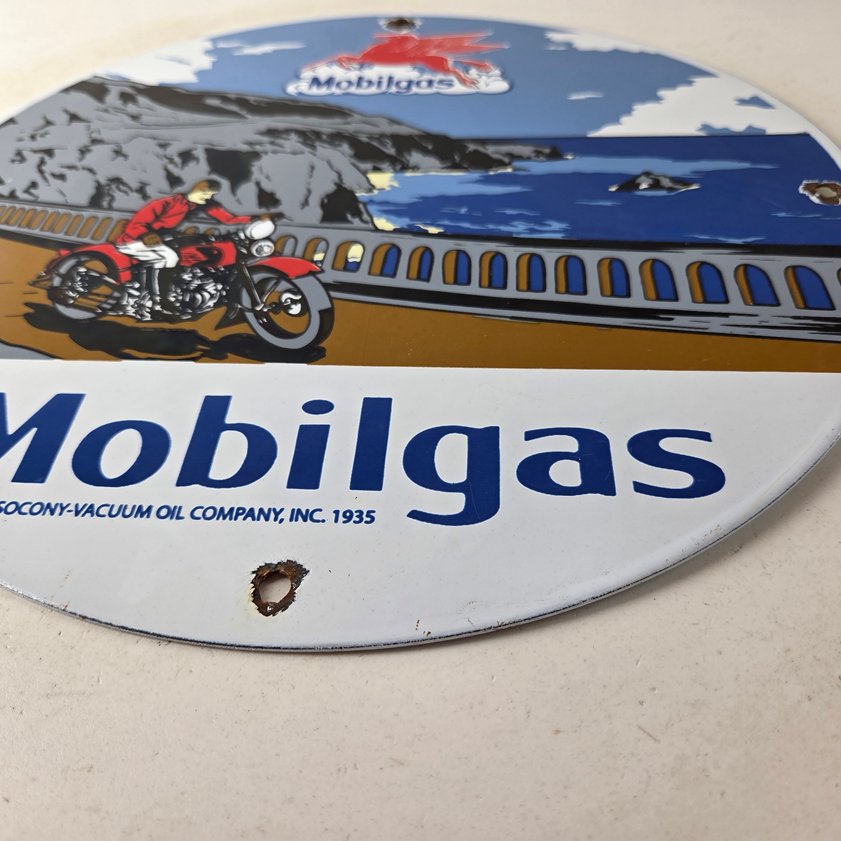 Vintage Mobil Gasoline Sign - Motorcycle Gas Pump Plate Porcelain Sign - Image 8