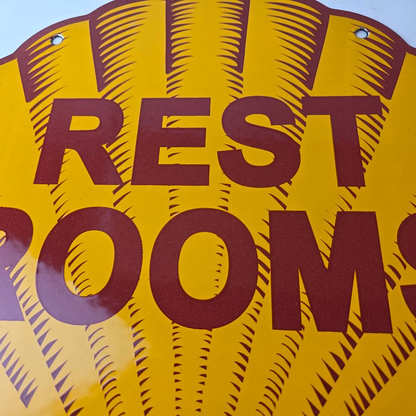 Vintage Shell Gasoline Sign - Rest Rooms Porcelain Gas Pump Plate Sign - Image 2