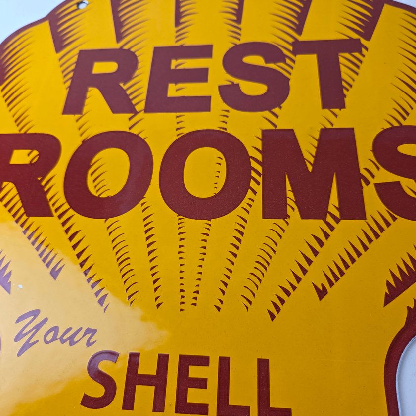 Vintage Shell Gasoline Sign - Rest Rooms Porcelain Gas Pump Plate Sign - Image 3