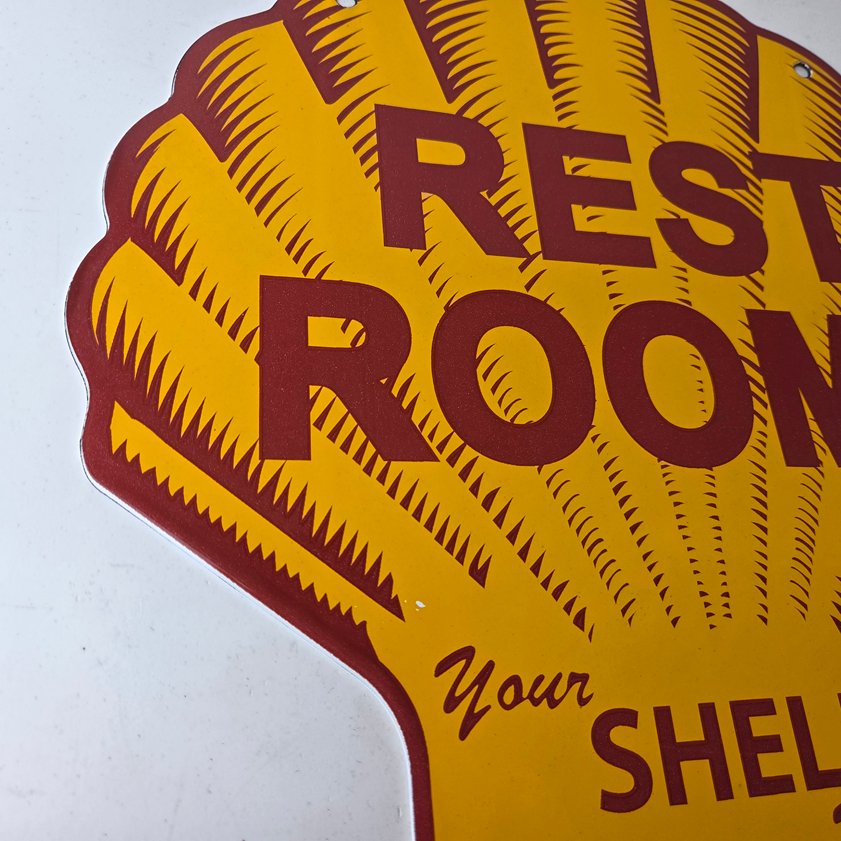 Vintage Shell Gasoline Sign - Rest Rooms Porcelain Gas Pump Plate Sign - Image 9