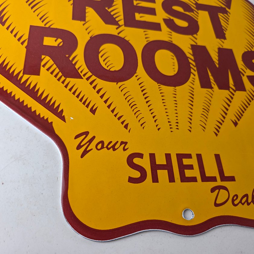 Vintage Shell Gasoline Sign - Rest Rooms Porcelain Gas Pump Plate Sign - Image 10
