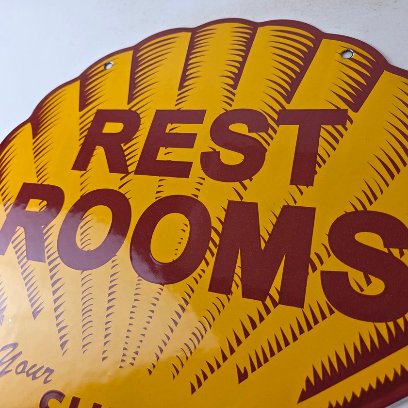 Vintage Shell Gasoline Sign - Rest Rooms Porcelain Gas Pump Plate Sign - Image 11