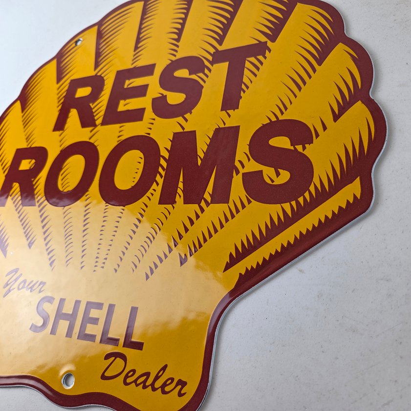 Vintage Shell Gasoline Sign - Rest Rooms Porcelain Gas Pump Plate Sign - Image 12
