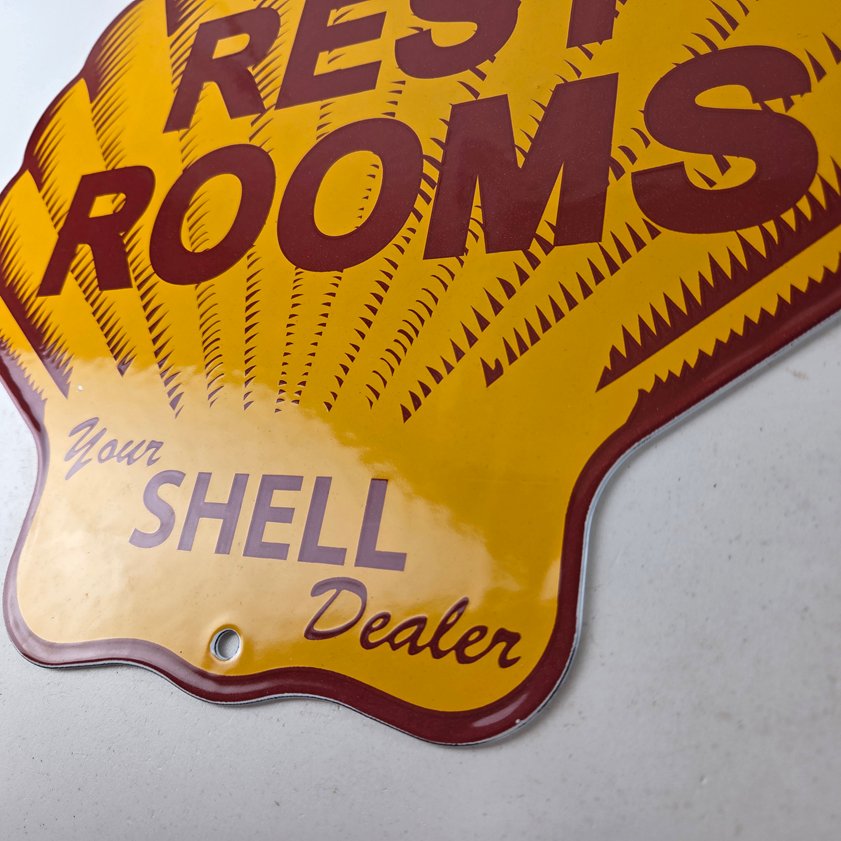 Vintage Shell Gasoline Sign - Rest Rooms Porcelain Gas Pump Plate Sign - Image 13