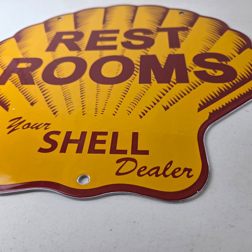Vintage Shell Gasoline Sign - Rest Rooms Porcelain Gas Pump Plate Sign - Image 8