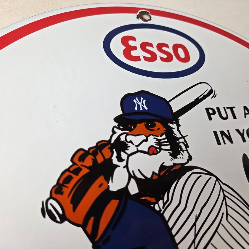 Vintage Esso Gasoline Sign - Yankees Gas Service Station Baseball Porcelain Sign - Image 4