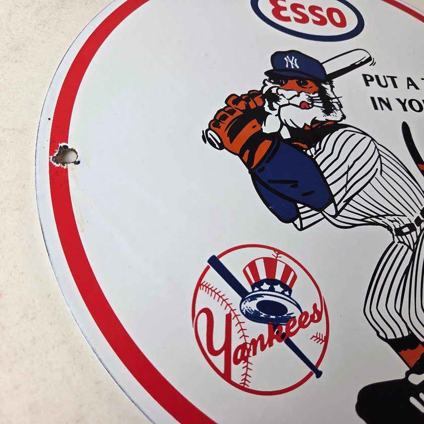 Vintage Esso Gasoline Sign - Yankees Gas Service Station Baseball Porcelain Sign - Image 9