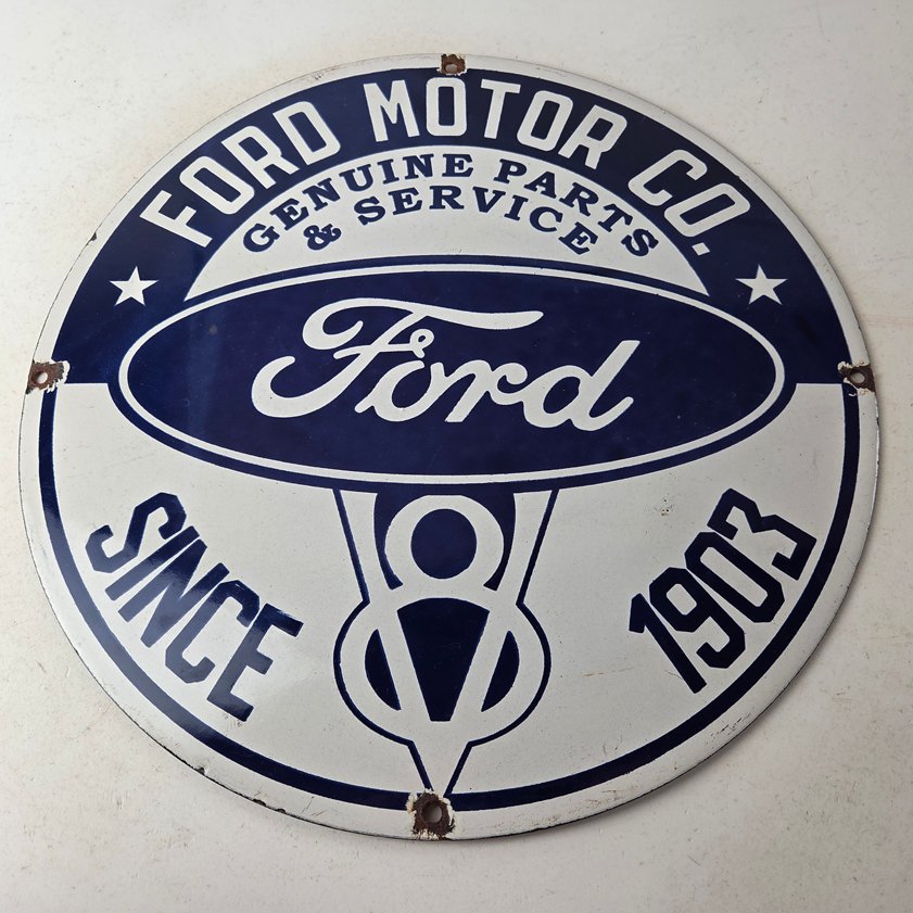 Vintage Ford Motors Sign - V8 Genuine Parts Service Dealership Porcelain Sign - Image 14