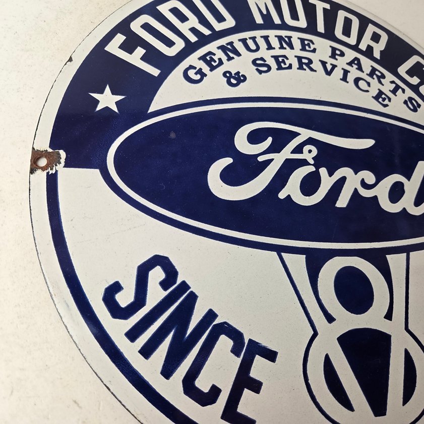Vintage Ford Motors Sign - V8 Genuine Parts Service Dealership Porcelain Sign - Image 5