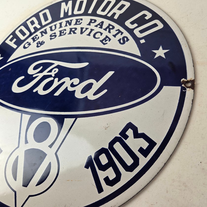 Vintage Ford Motors Sign - V8 Genuine Parts Service Dealership Porcelain Sign - Image 3