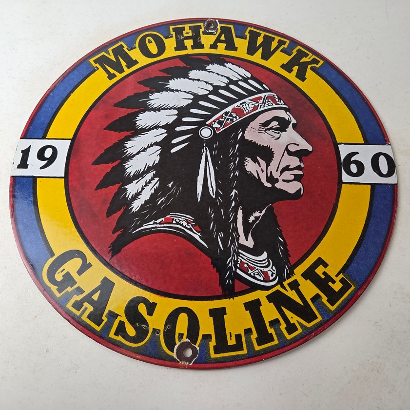 Vintage Mohawk Gasoline Sign - Gas Porcelain Service Native American Indian Sign - Image 14