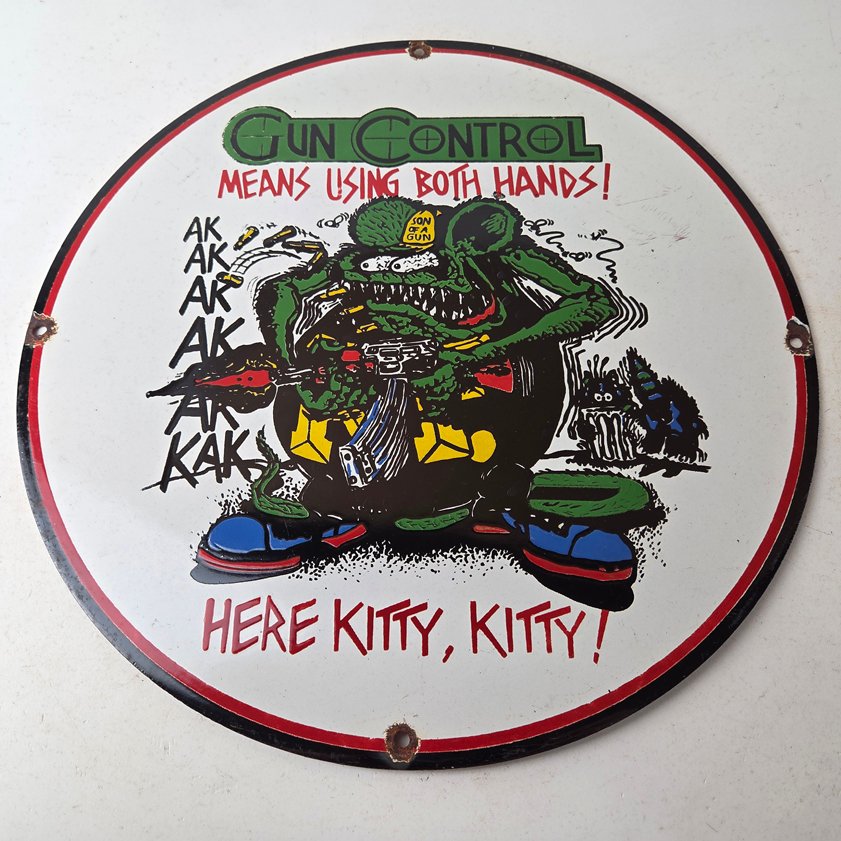 Vintage Gun Control Rat Fink Porcelain Sign - Ed Roth Gun Control Hot Rod Sign - Image 14