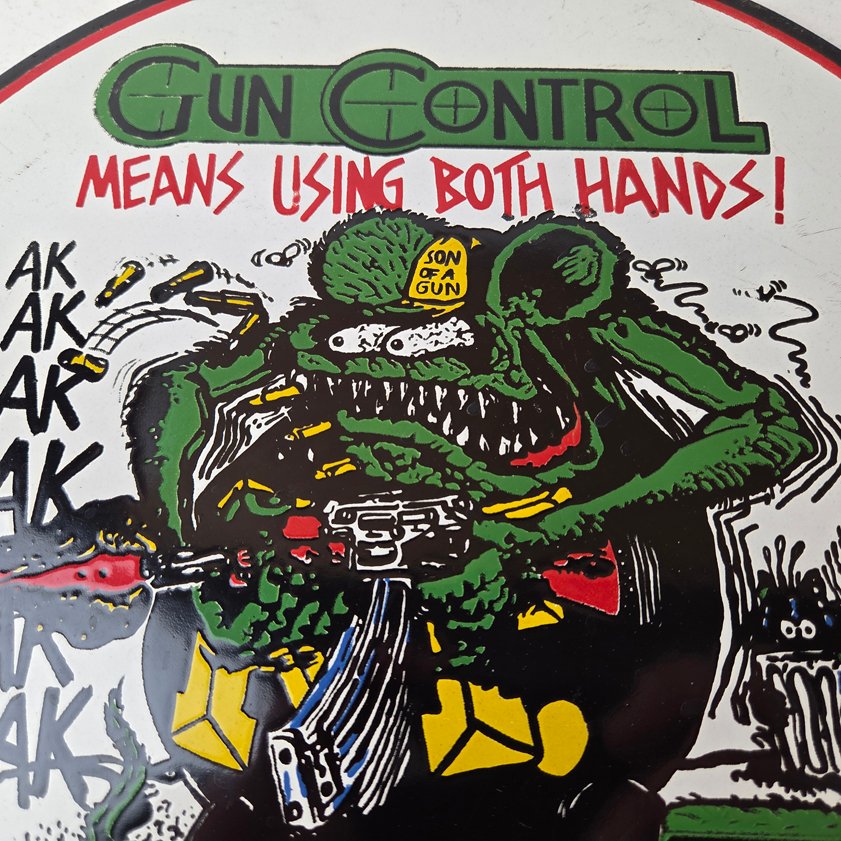 Vintage Gun Control Rat Fink Porcelain Sign - Ed Roth Gun Control Hot Rod Sign - Image 2