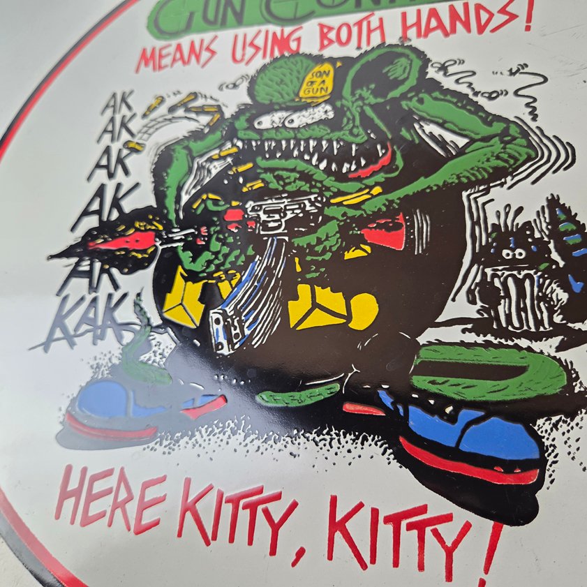 Vintage Gun Control Rat Fink Porcelain Sign - Ed Roth Gun Control Hot Rod Sign - Image 13