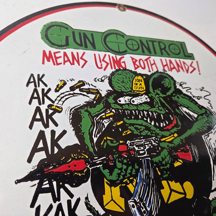 Vintage Gun Control Rat Fink Porcelain Sign - Ed Roth Gun Control Hot Rod Sign - Image 12