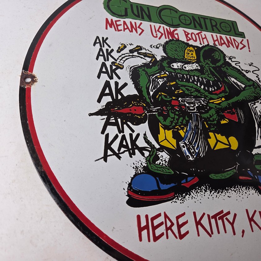 Vintage Gun Control Rat Fink Porcelain Sign - Ed Roth Gun Control Hot Rod Sign - Image 7