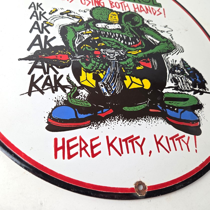Vintage Gun Control Rat Fink Porcelain Sign - Ed Roth Gun Control Hot Rod Sign - Image 11
