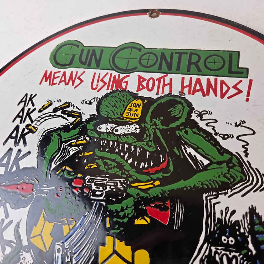 Vintage Gun Control Rat Fink Porcelain Sign - Ed Roth Gun Control Hot Rod Sign - Image 6
