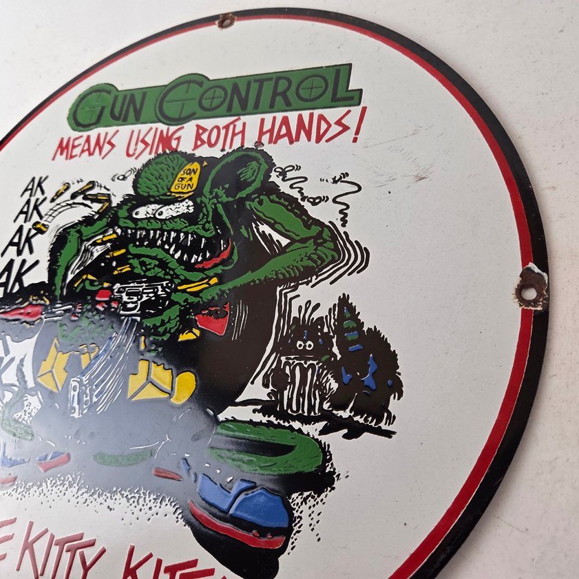 Vintage Gun Control Rat Fink Porcelain Sign - Ed Roth Gun Control Hot Rod Sign - Image 5