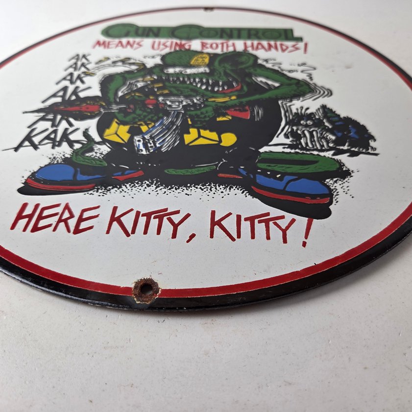 Vintage Gun Control Rat Fink Porcelain Sign - Ed Roth Gun Control Hot Rod Sign - Image 4