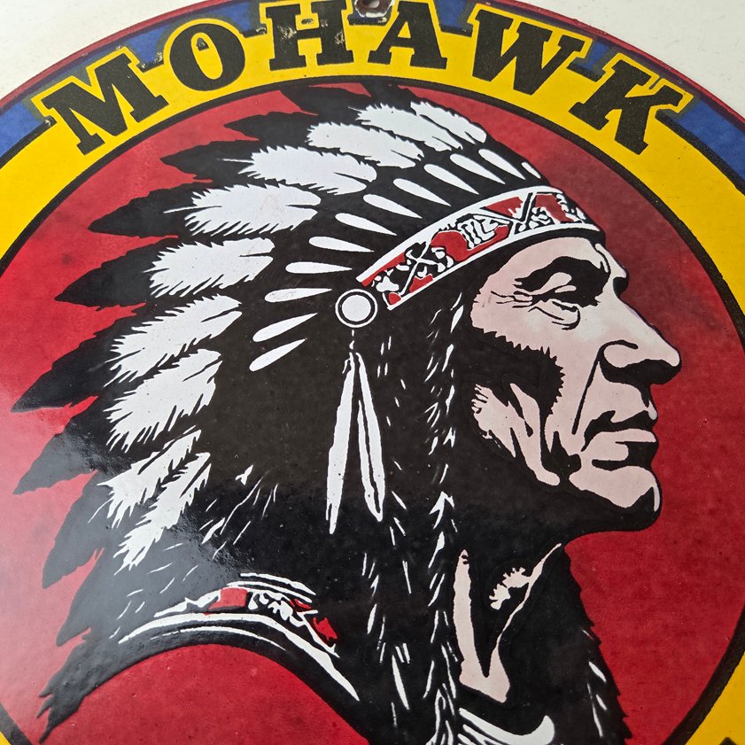 Vintage Mohawk Gasoline Sign - Gas Porcelain Service Native American Indian Sign - Image 3