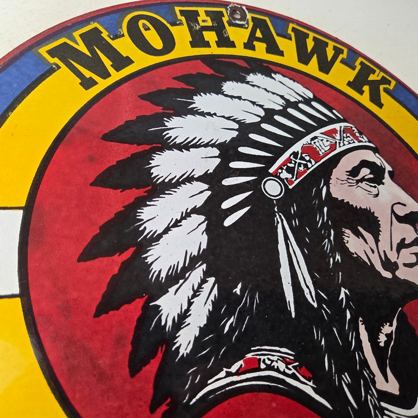 Vintage Mohawk Gasoline Sign - Gas Porcelain Service Native American Indian Sign - Image 2