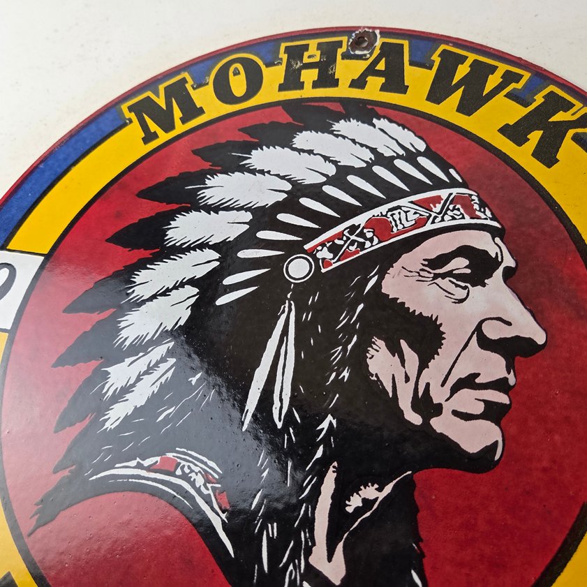 Vintage Mohawk Gasoline Sign - Gas Porcelain Service Native American Indian Sign - Image 6